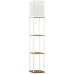 White tall floor lamp with fabric lampshade and three open wood shelves