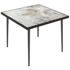 Grey square outdoor dining table with marble-effect tempered glass top and steel frame