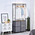 Freestanding coat rack storage unit with black frame, brown shelf, and 5 grey drawers