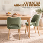 Green armless upholstered dining chair with curved back, foam seat, and tapered wood legs