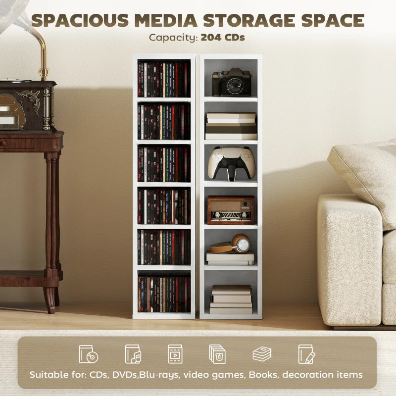 White CD media storage rack tower set with adjustable shelves, two units