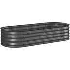 Dark grey galvanized metal raised garden bed with ribbed sides and safety edging