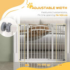 White dog gate with adjustable width, showing extension rails for 74–100 cm openings