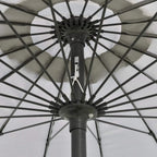 Underside of light grey parasol canopy with metal rib frame, close-up