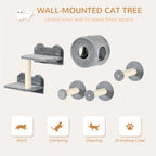 Grey wall-mounted cat tree set: platforms, tunnel bed, and scratching log posts