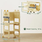 Natural wood cat-shaped toddler step stool tower, side view with 3 step openings
