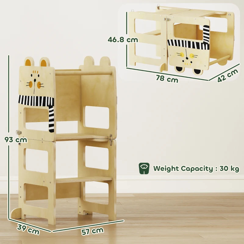 Natural wood cat-shaped toddler step stool tower, side view with 3 step openings