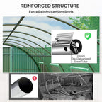 Green polytunnel greenhouse with extra reinforced support rods and curved frame