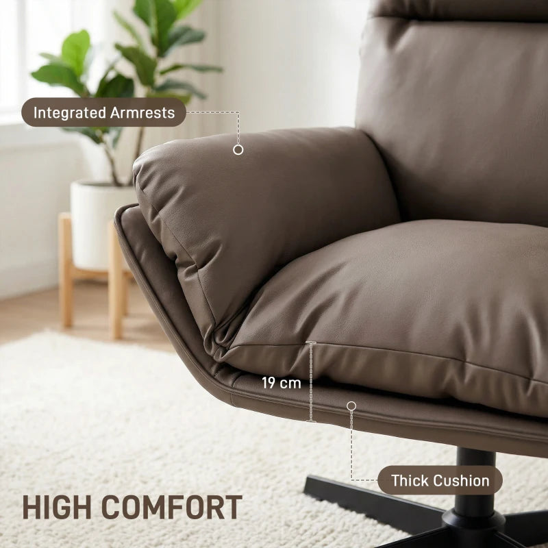 Dark brown padded armrests and thick seat cushion on swivel accent chair