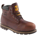 Dark brown leather safety lace-up boot with Goodyear welt and rugged tread sole
