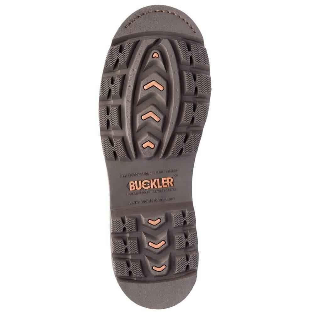 Rubber outsole with deep zigzag tread and Buckler logo on heel