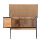 Opened elevated pet hutch with hinged roof, front access door, and wire mesh compartment
