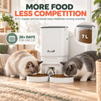 White 7L automatic cat feeder with hopper and two stainless bowls used by cats