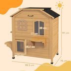 Outdoor wooden 2-story cat enclosure with front arched doors, window panels, and lower entrance