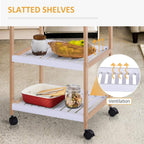 3-tier kitchen cart with white slatted shelves for ventilation and natural wood frame on casters