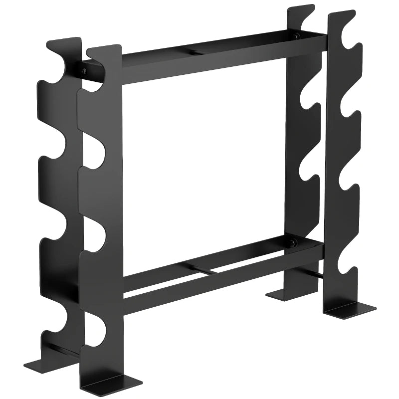 Black metal 4-tier dumbbell and weight rack with four peg levels, open-frame design