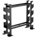 Black metal 4-tier dumbbell and weight rack with four peg levels, open-frame design