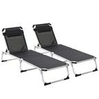Set of 2 black reclining sun loungers with padded headrests and silver aluminum frames