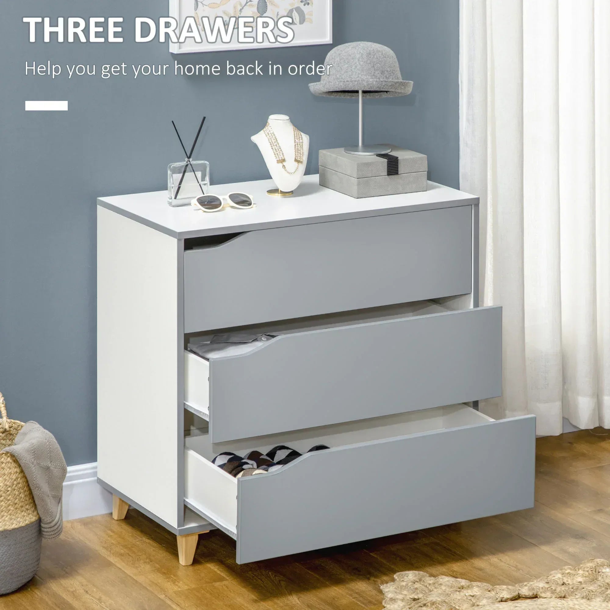 Drawer Chest, 3-Drawer Storage Cabinet Unit with Pine Wood Legs for Bedroom, Living Room, 75cmx42cmx75cm, Grey - Bobobiy