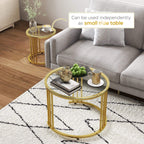 Gold round nesting table set with tempered glass top for use as a small side table