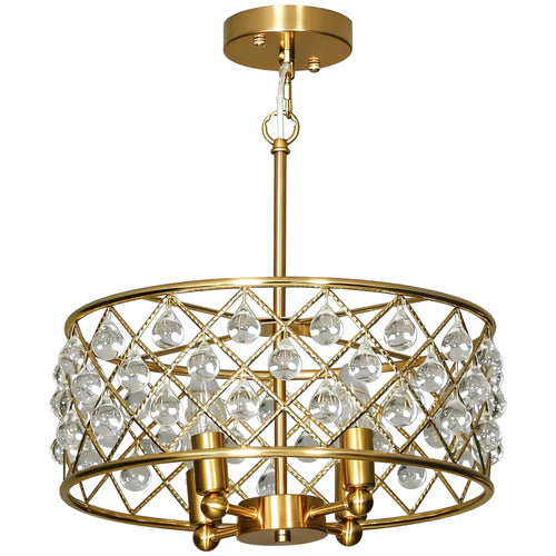 Gold-tone four-bulb chandelier with crystal lattice drum shade and ceiling canopy