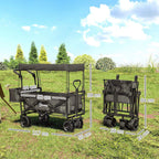 Black folding wagon cart with overhead canopy and side compartments, 4 large wheels
