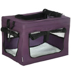 Purple portable pet carrier with front and side mesh windows and soft light cushion