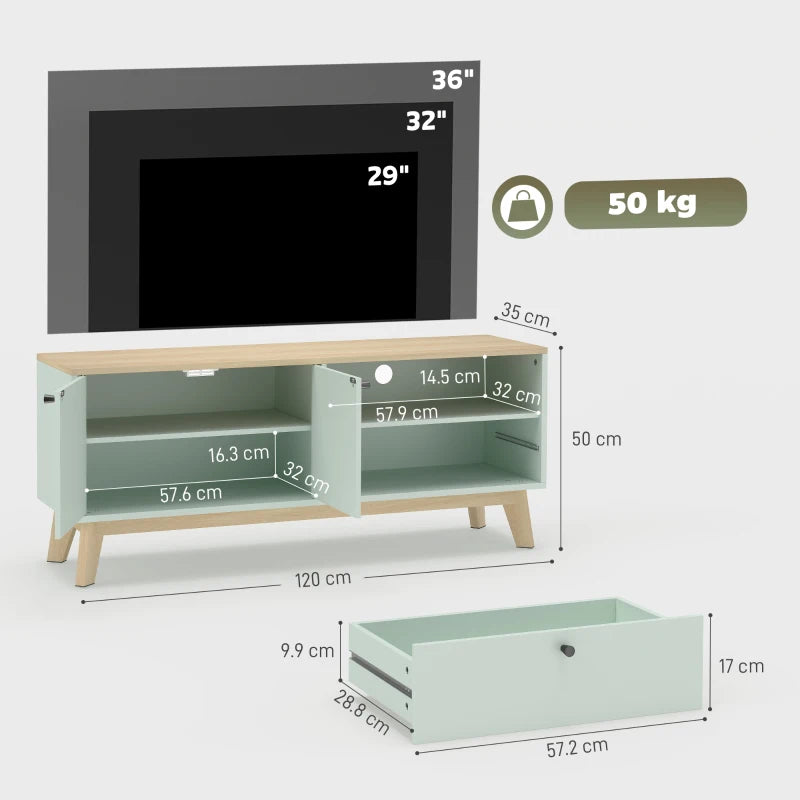 Light green TV stand with open compartments, drawer, and two-door storage