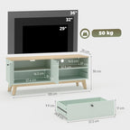 Light green TV stand with open compartments, drawer, and two-door storage