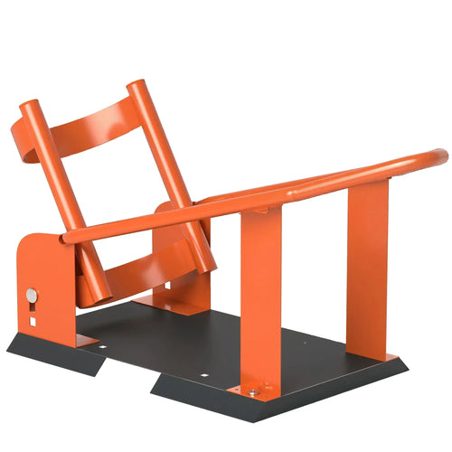 Orange heavy-duty steel motorcycle front wheel chock with height-adjustable holes and base