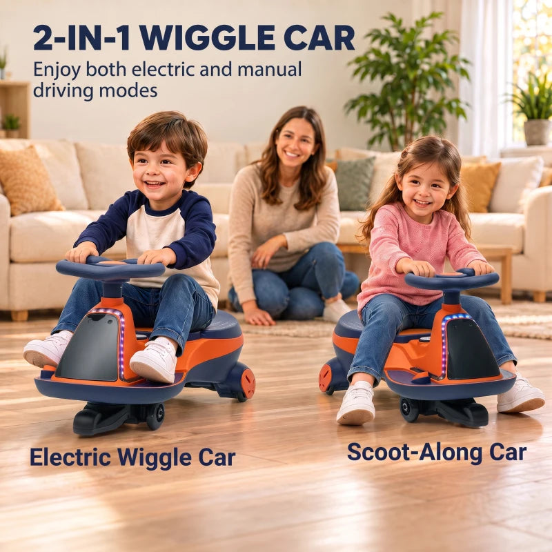 Orange 2-in-1 electric wiggle car with blue seat, two children riding
