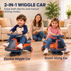 Orange 2-in-1 electric wiggle car with blue seat, two children riding