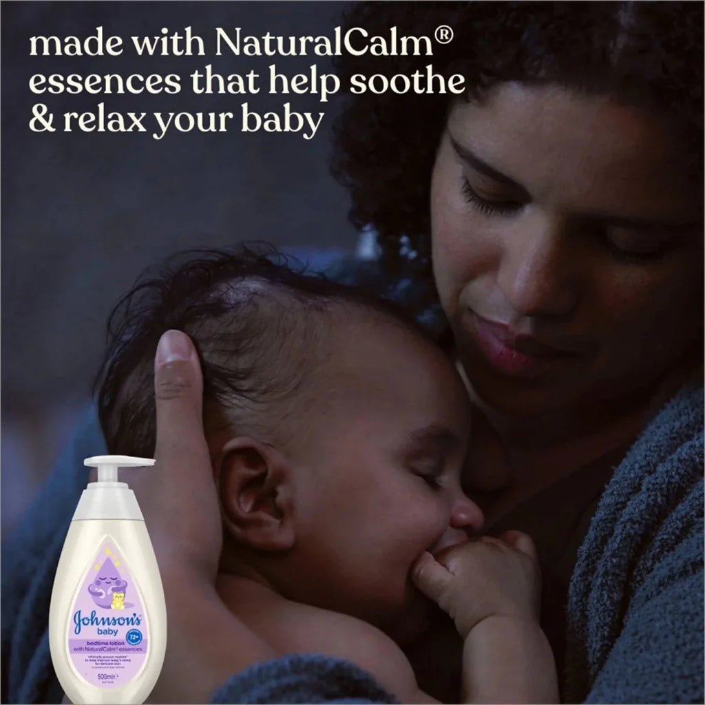 Baby bedtime lotion bottle with pump beside sleeping baby and parent