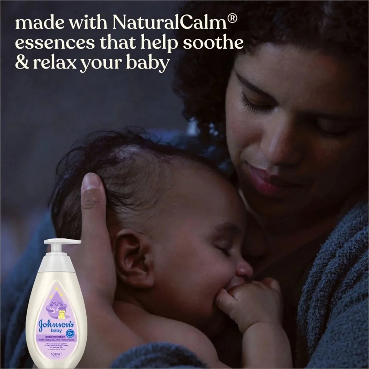 Baby bedtime lotion bottle with pump beside sleeping baby and parent