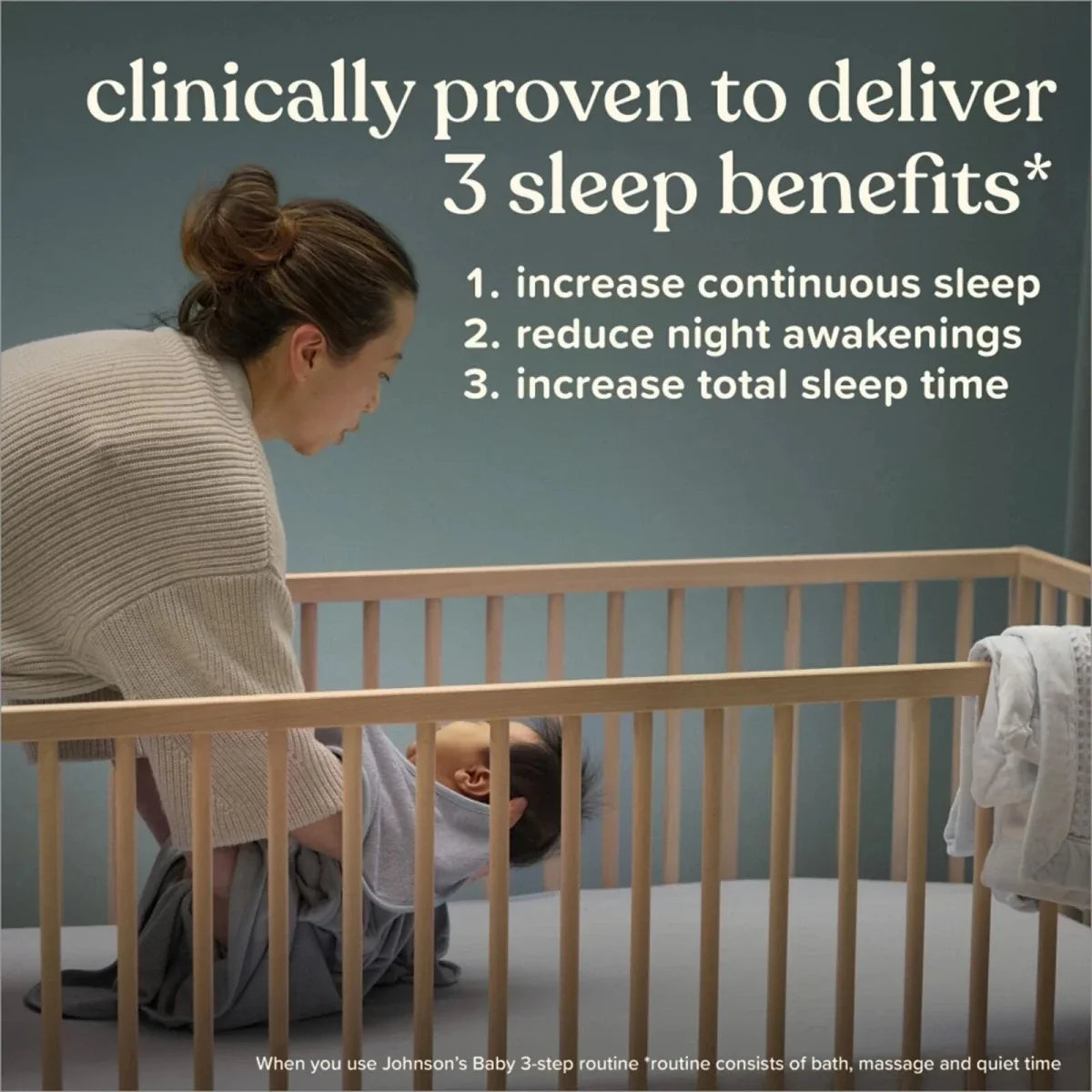 Clinically proven sleep benefits graphic with baby bedtime routine illustration