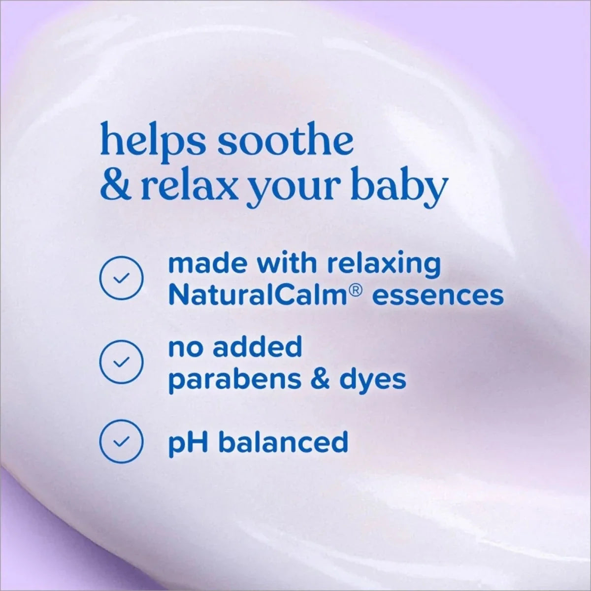Soothe and relax baby lotion label text on white bottle with purple accents
