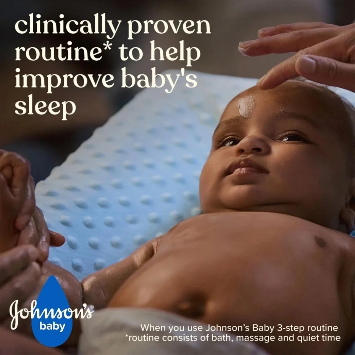 Clinically proven sleep routine graphic featuring baby, parent hands, and Johnson's baby logo