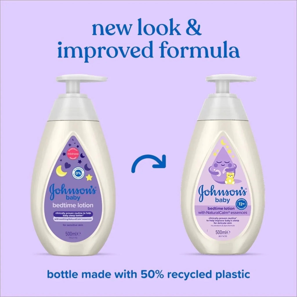 Two Johnson's baby bedtime lotion bottles, white pump, purple label, new look formula