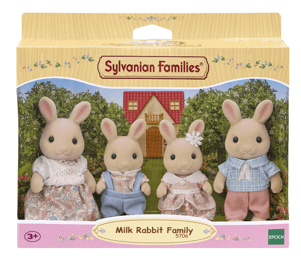 Sylvanian Families Milk Rabbit Family packaging with four rabbits in front of a house.