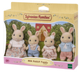 Sylvanian Families Milk Rabbit Family packaging with four rabbits and a house in the background.