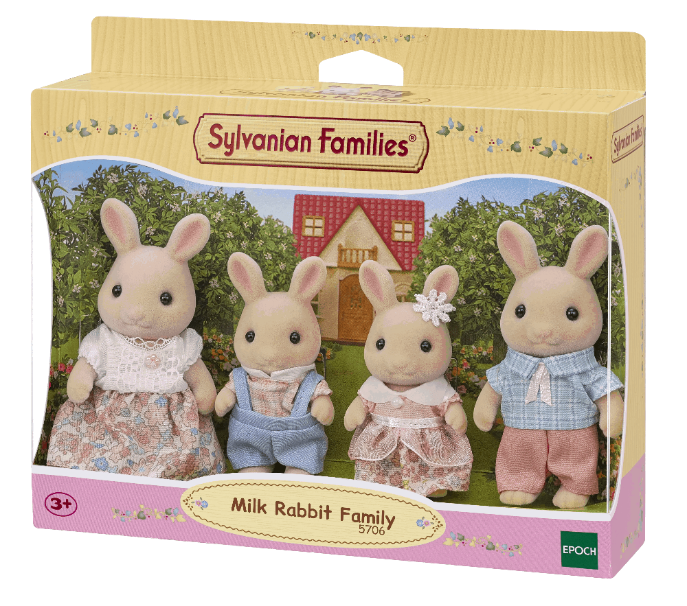 Sylvanian Families Milk Rabbit Family packaging with four rabbits and a house in the background.