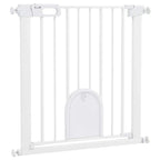 White pet safety stair gate with arched cat door and pressure-fit frame