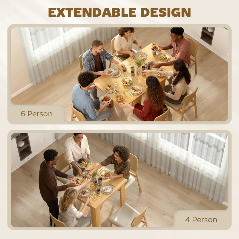Extendable dining table made for 4–6 people, natural wood tabletop
