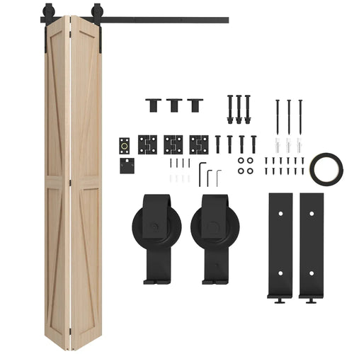 Black barn door hardware track kit components: hangers, rollers, brackets, screws, rings