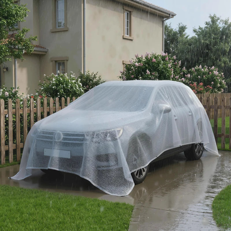 White waterproof mesh tarpaulin cover draped over a parked car