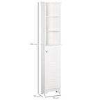 White tall freestanding bathroom cabinet with open shelves and shutter door