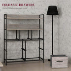 Grey wood-effect seven-drawer cabinet with open shelves and foldable fabric drawers