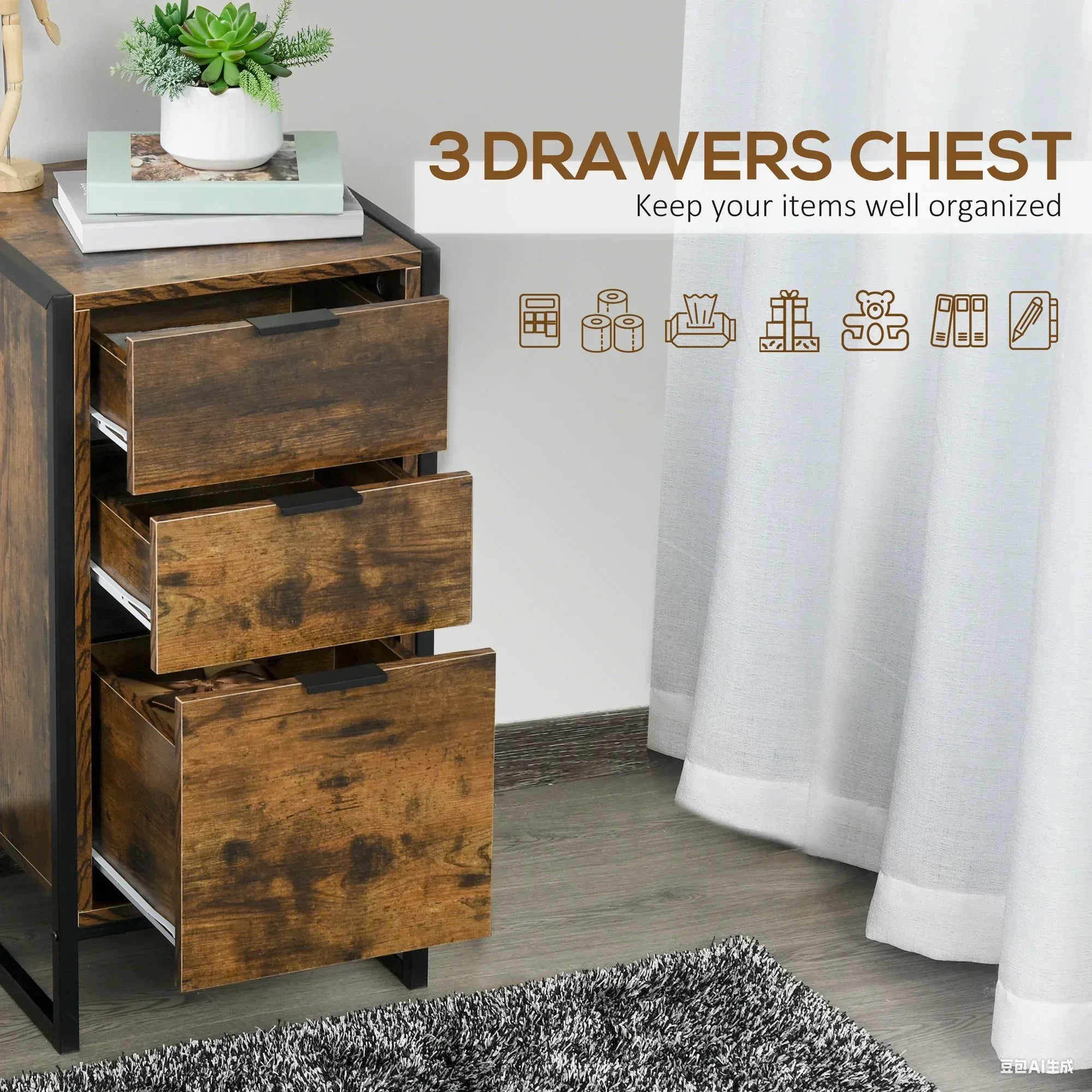 Bedroom Chest of Drawers, Industrial 3-Drawer Dresser, Storage Drawers Unit with Metal Frame for Living Room, Rustic Brown - Bobobiy