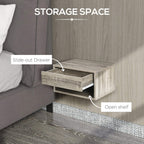 Grey wood-effect bedside table with slide-out drawer and open shelf storage space