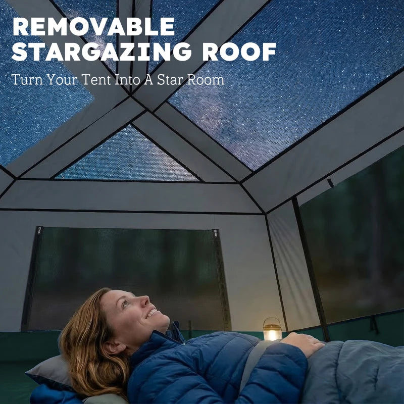 Green cabin tent interior view with removable star-gazing roof panel